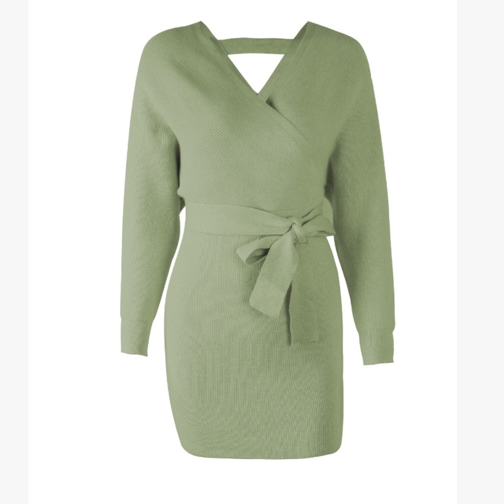 🔥🔥Sexy and Cozy Green V Neck Sweater Dress - Picture 5 of 8